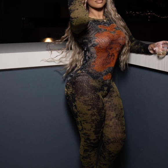 Gaultier orange and black graphic print long sleeve jumpsuit - Picture 3 of 5